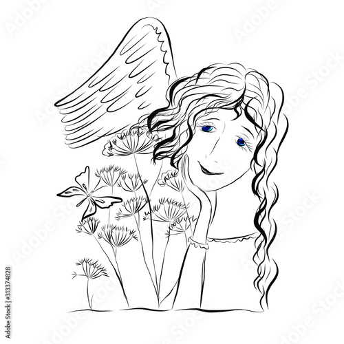 girl angel with flowers in a dress