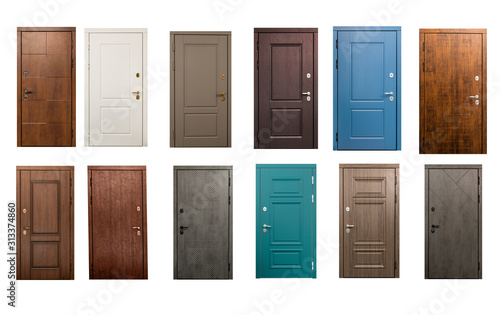 Set of wooden doors isolated on white background