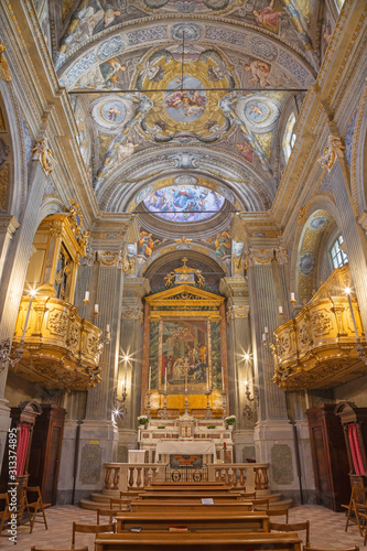 PARMA  ITALY - APRIL 17  2018  The nave of baroque church Chiesa di Santa Lucia with the frescoes by Alessandro Baratta from 17. cent.