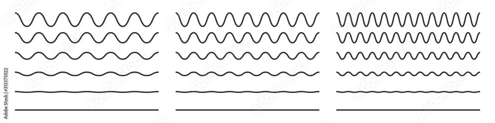 Wave line and wavy zigzag pattern lines. Vector black underlines, smooth end squiggly horizontal curvy squiggles Wave line and wavy zigzag pattern lines. Vector black underlines, smooth end squiggly horizontal curvy squiggles