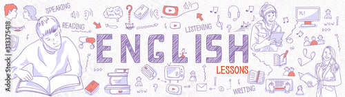 Horizontal Internet banner about learning English language: boy reads a book. Blue outline icons, symbols on white background. Line art illustration for English school, courses, panoramic view, vector