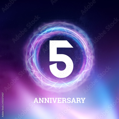 White numbers 5years anniversary celebration on dark background with neon abstract design. celebration template, Greeting card, holiday template, flyer, copy space.