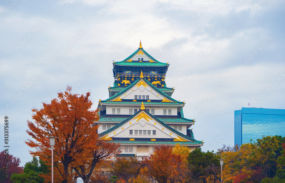 Fototapeta Osaka Castle building with colorful maple leaves or fall foliage in autumn season. Colorful trees, Kyoto City, Kansai, Japan. Architecture landscape background. Famous tourist attraction.