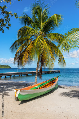 Wooden boat under a palm tree on the on tropical beach - the caribbean island of Martinique © Val Traveller