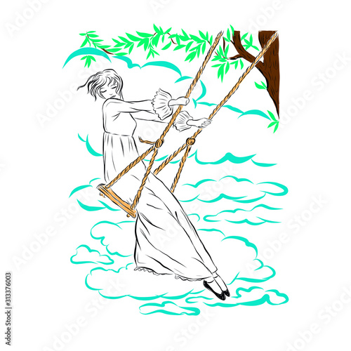 Girl on a swing in the forest, summer, landscape