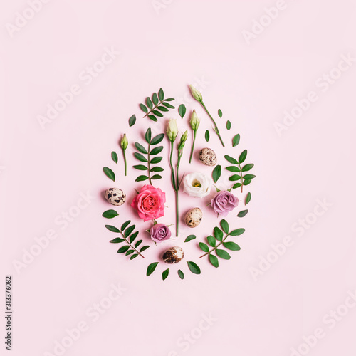 Photography Easter egg shape made of flowers, leaves and quail eggs