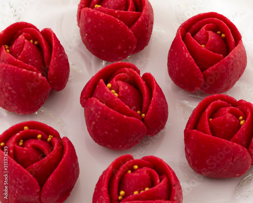 Indian Valentine Special Sweet Food Gulab Peda or Rose Peda in Traditional Rose Flower Shaped Sweet photo