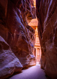 View of El Khasneh al Faroun (The Treasury) seen from the Canyon al-Siq, Petra, Jordan, Unesco world heritage site