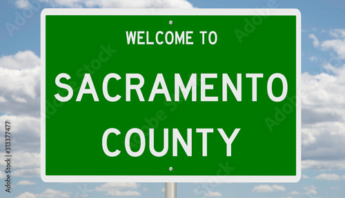 Rendering of a green 3d highway sign for Sacramento County