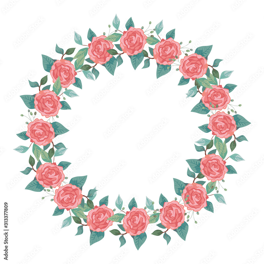 frame circular of roses with branches and leafs vector illustration design