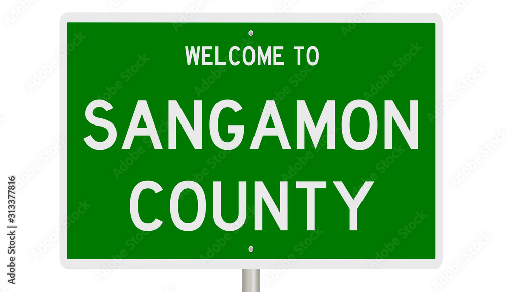Rendering of a green 3d highway sign for Sangamon County