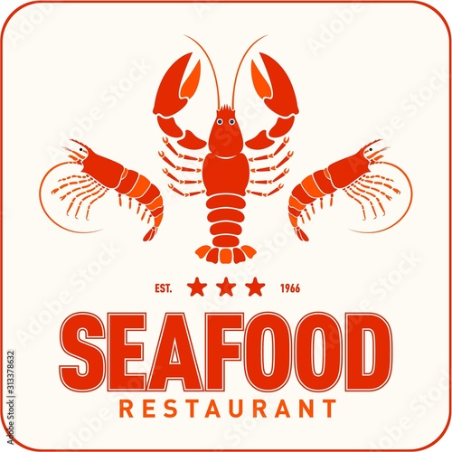 Seafood restaurant logo vector illustration. Market emblem, crafish and shrimps silhouette