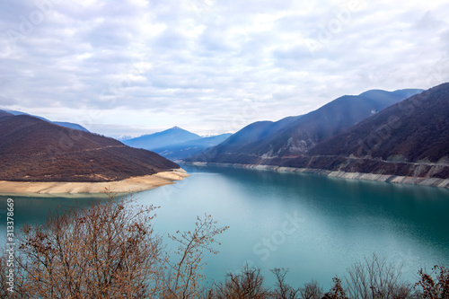 Picturesque panorama of the Zhinvali reservoir in winter.