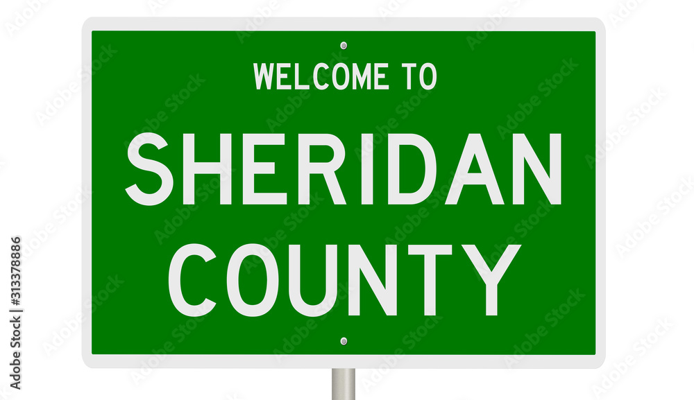 Rendering of a green 3d highway sign for Sheridan County