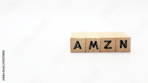 TOKYO, JAPAN. 2020 Jan 5th. Wooden Text Block of AMZN on Isolated Background