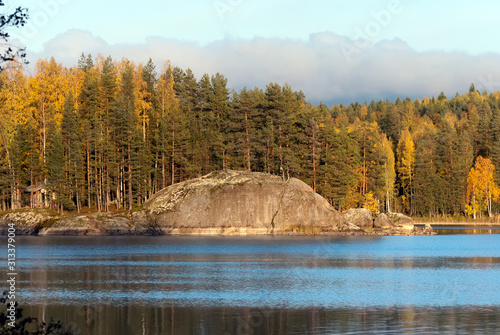 Autumn nature on the waterside of The Saimaa Lake in Puumala Municipality. Southern Savonia (Savo) Region. Finland