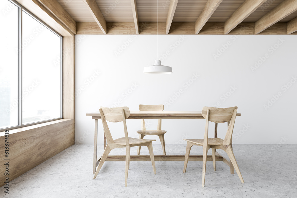 White and wooden dining room interior - obrazy, fototapety, plakaty 