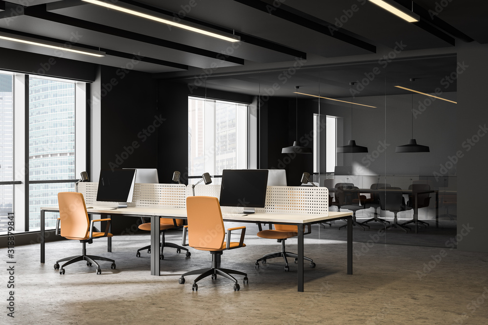 Dark gray open space office and meeting room