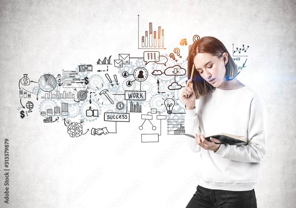 Thoughtful woman with notebook and business plan Thoughtful woman with notebook and business plan