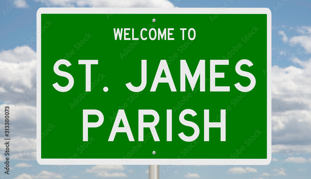 Rendering of a green 3d highway sign for St. James Parish in Louisiana