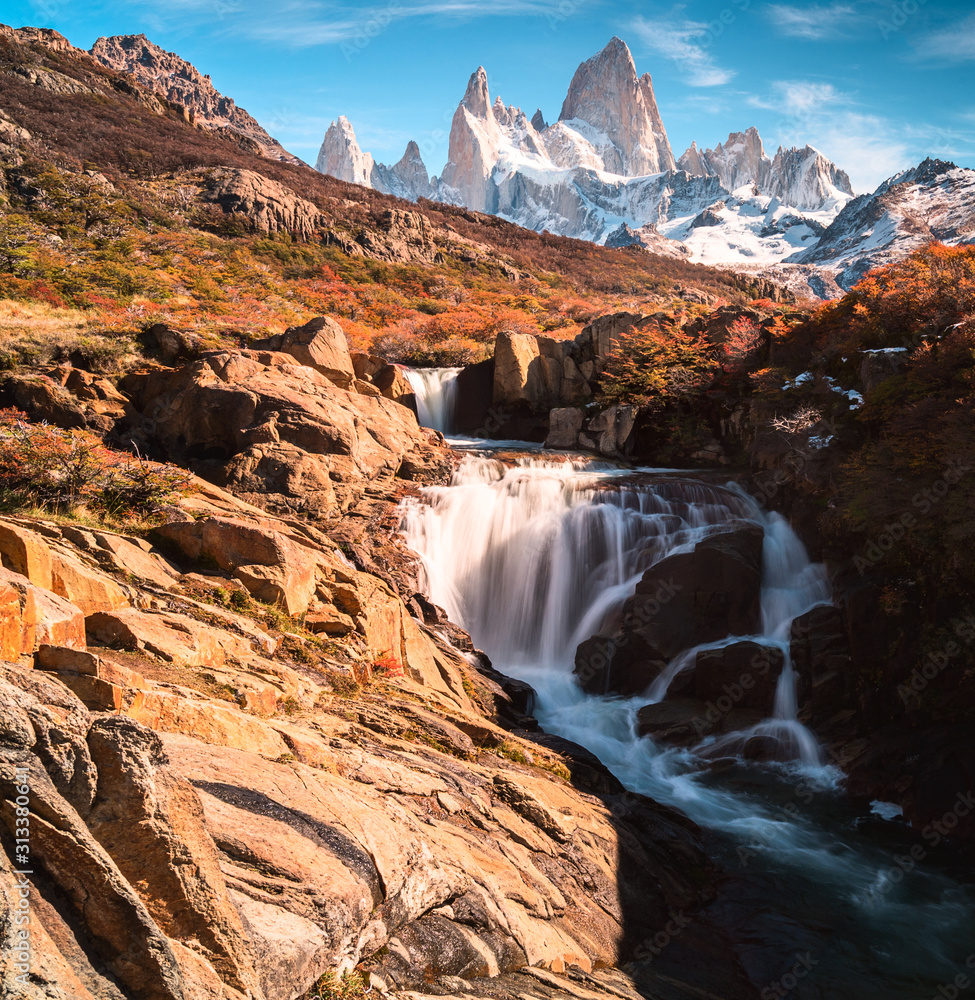 Mount Fitz Roy and the waterfall  in the Los Glaciares national park. Autumn in Argentina, Patagonia.
