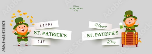 St. Patricks Day set of paper cut banners with leprechauns with gold coins and green beer. Festive design elements with funny traditional vector characters isolated on gray background