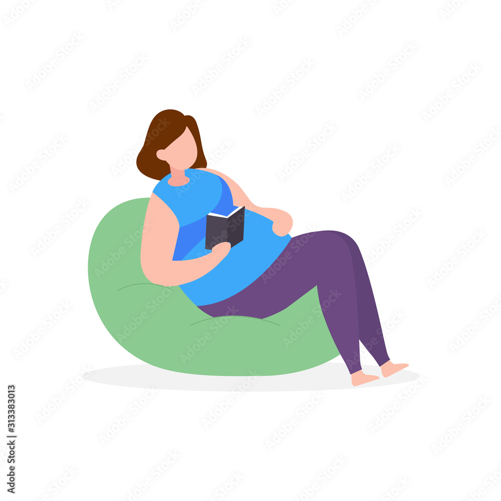 Pregnant woman sit on bean bag and read a book, vector flat illustration Pregnant woman sit on bean bag and read a book, vector flat illustration