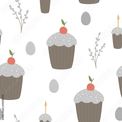 Vector seamless pattern with Easter cakes, candle and pussy willow isolated on white background. Background with traditional Christian symbol. Cute food digital paper..