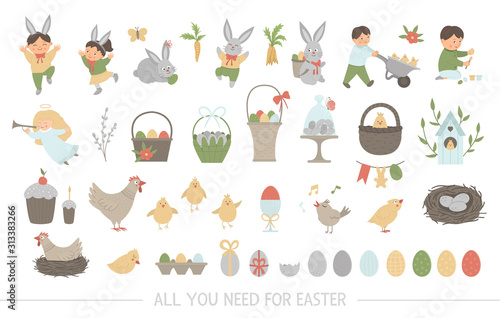 Big collection of design elements for Easter. Vector set with cute bunny, children, colored eggs, chirping bird, chicks, baskets. Spring funny illustration. .