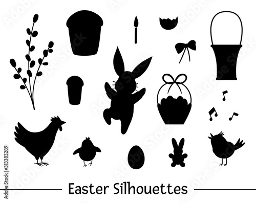 Vector set with Easter silhouettes. Collection of black outlines of cute bunny, egg, chirping bird, chick, basket, cake, willow. Spring funny illustration. .