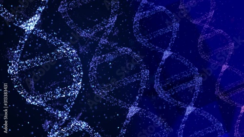 Four helix strand DNA models against a dark background with flying bokeh particles around.