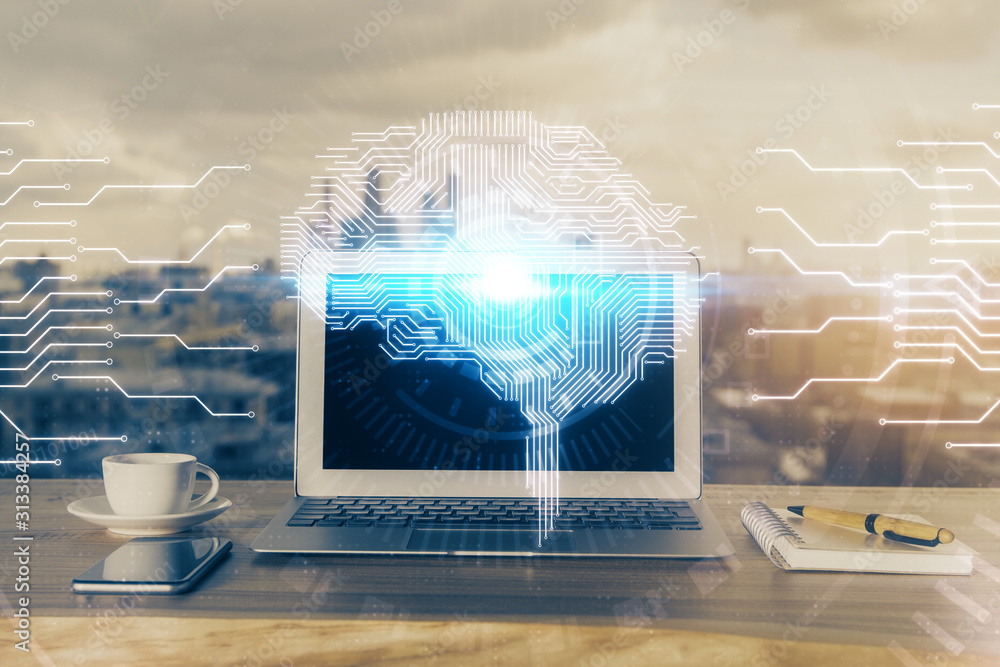 Multi exposure of work space with computer and human brain hologram. Brainstorm concept. Multi exposure of work space with computer and human brain hologram. Brainstorm concept.