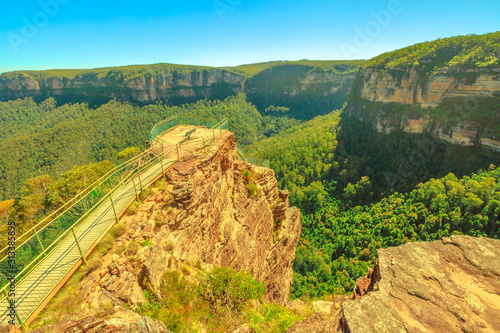 Photography Panorama over Pulpit Rock lookout famous landmark in Blue Mountains National Park, New South Wales, Australia