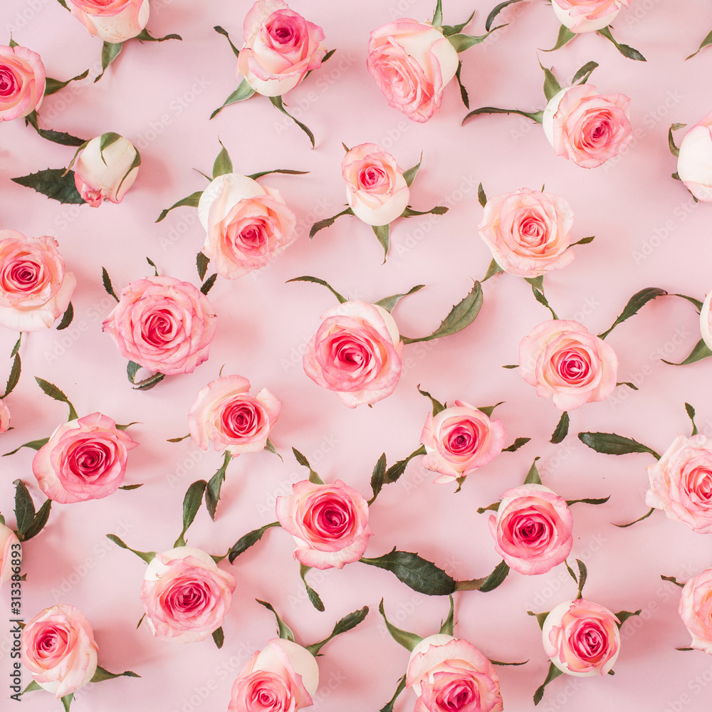 Flat lay pink rose flower buds and leaves pattern on pink background. Top view floral texture.