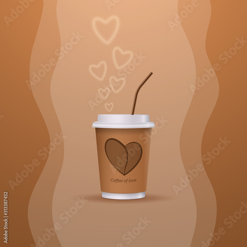 A cup of hot coffee of love. Happy Valentine's Day. Vector illustration.