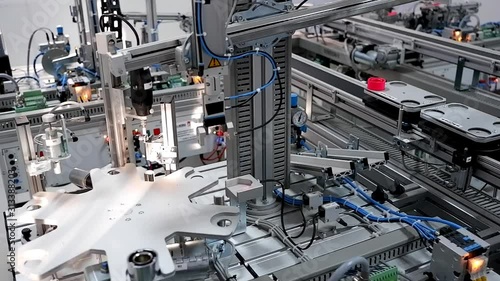 Industry 4.0 smart factory concept; artificial intelligence in production. Close up of Gripper which picks up the product from automated car to process it on station. Selective focus.