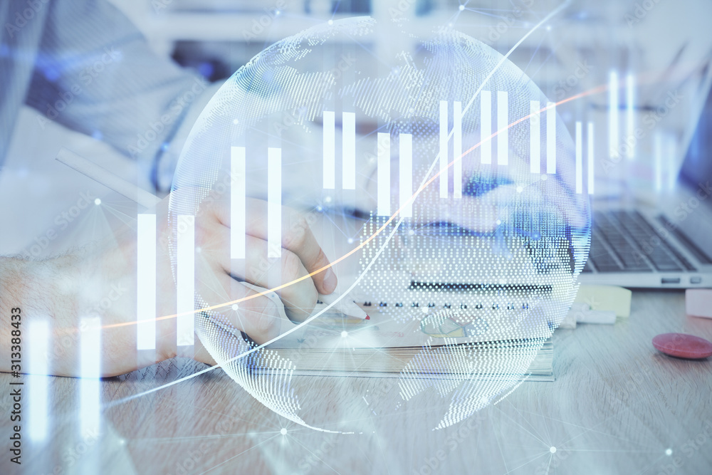 Multi exposure of financial graph with man works in office on background. Concept of analysis. Multi exposure of financial graph with man works in office on background. Concept of analysis.