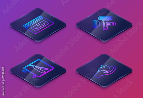 Set Isometric line Cream or lotion cosmetic jar, Barbershop with razor, Crossed shaving razor and Shaving gel foam on hand. Blue square button. Vector