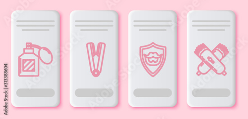 Set line Aftershave, Curling iron for hair, Mustache and beard on shield and Crossed electrical hair clipper or shaver. White rectangle button. Vector