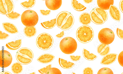 Orange fruits whole, half, slice, cut on white seamless background.Top view, side view exotic citrus. Halthy food digital clip art.Watercolor illustration.