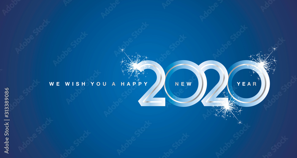 Naklejka Życzymy szczęśliwego Nowego Roku 2020 srebrne nowoczesne numery modne niebieskie kartki z życzeniami