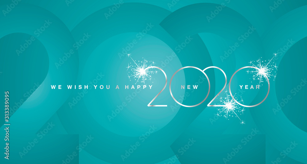 Naklejka Życzymy szczęśliwego Nowego Roku 2020 srebrnego nowoczesnego designu lekkiej typografii numery modna morska zieleń kartki z życzeniami