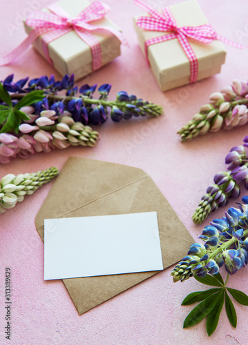 Mockup greeting card with lupine flowers