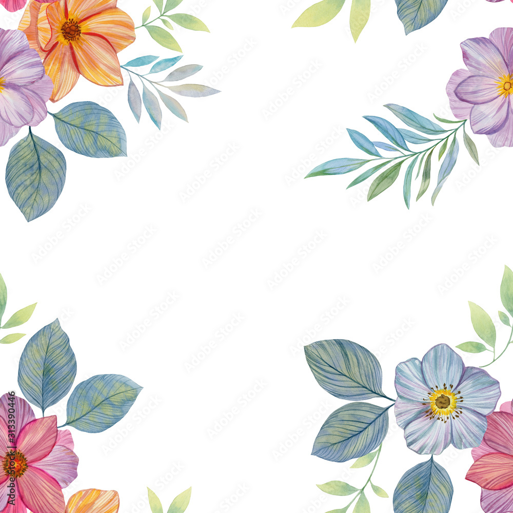 Obraz premium Watercolor hand painted flowers. Blank for greeting card. Watercolor flowers and leaves.