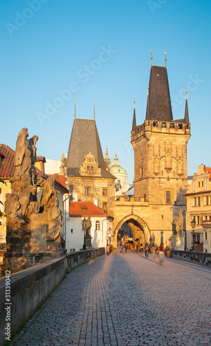 Prague - The west tower of Charles Bridge in the morning light.