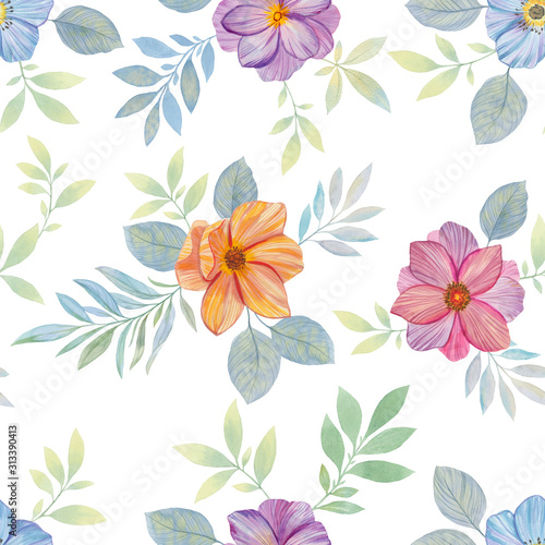 Seamless watercolor flowers pattern. Hand painted flowers of different colors. Flowers for design. Ornament flowers. Watercolor botanical pattern on a white background.