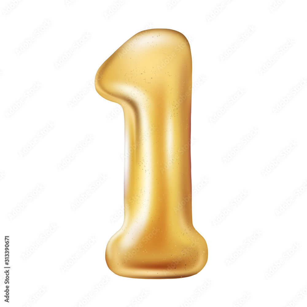 Golden number 1 balloon isolated on white background. Metallic balloon design. 3D illustration, 3D render Golden number 1 balloon isolated on white background. Metallic balloon design. 3D illustration, 3D render