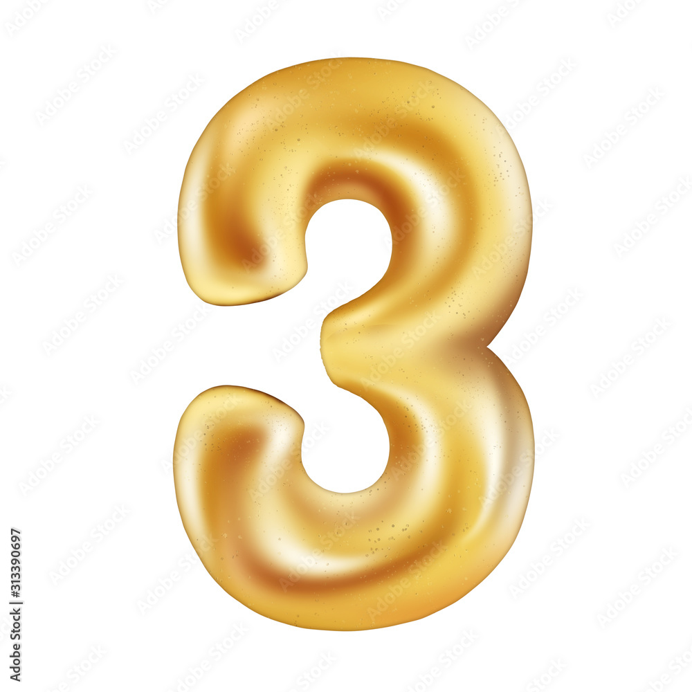 Golden number 3 balloon isolated on white background. Metallic balloon design. 3D illustration, 3D render Golden number 3 balloon isolated on white background. Metallic balloon design. 3D illustration, 3D render