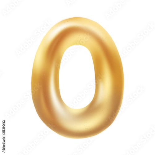 Golden number 0 balloon isolated on white background. Metallic balloon design. 3D illustration, 3D render