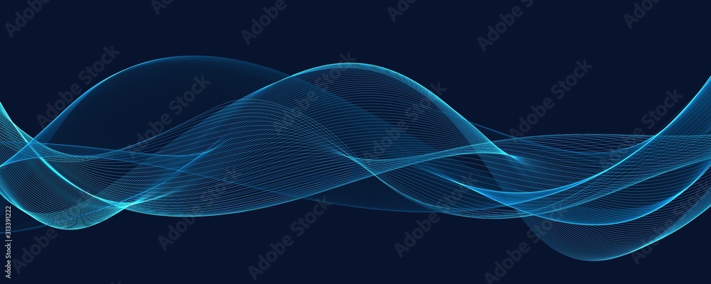 Abstract background with wave of flowing particles over dark, smooth curve shape lines